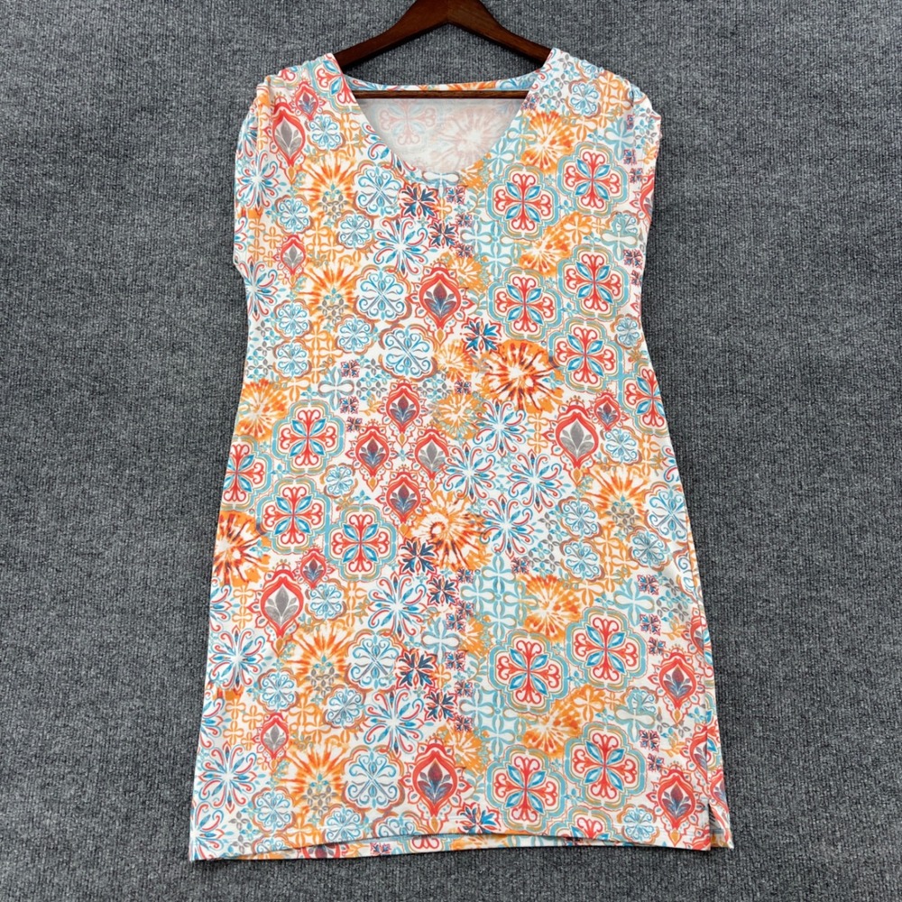 T by Talbots Tunic Dress Womens Medium Orange Blue Medallion Ruched Boho Casual